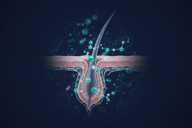 Scientific illustration showing DHT hormone binding to hair follicle receptors causing follicular miniaturization and hair loss