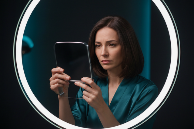 Woman examining thinning hair at the crown, illustrating female pattern hair loss and androgenetic alopecia in women