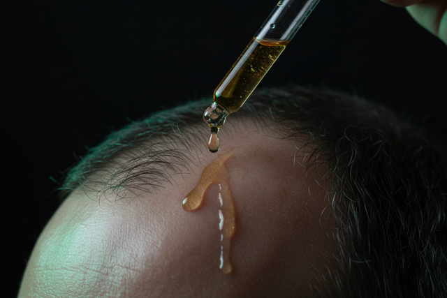 Topical minoxidil serum being applied to scalp with dropper for hair loss treatment