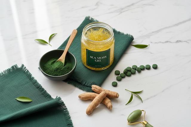 Sea moss gel jar alongside spirulina powder, chlorella tablets, and ashwagandha root on a white marble surface — superfood comparison for Daily Health & Beauty