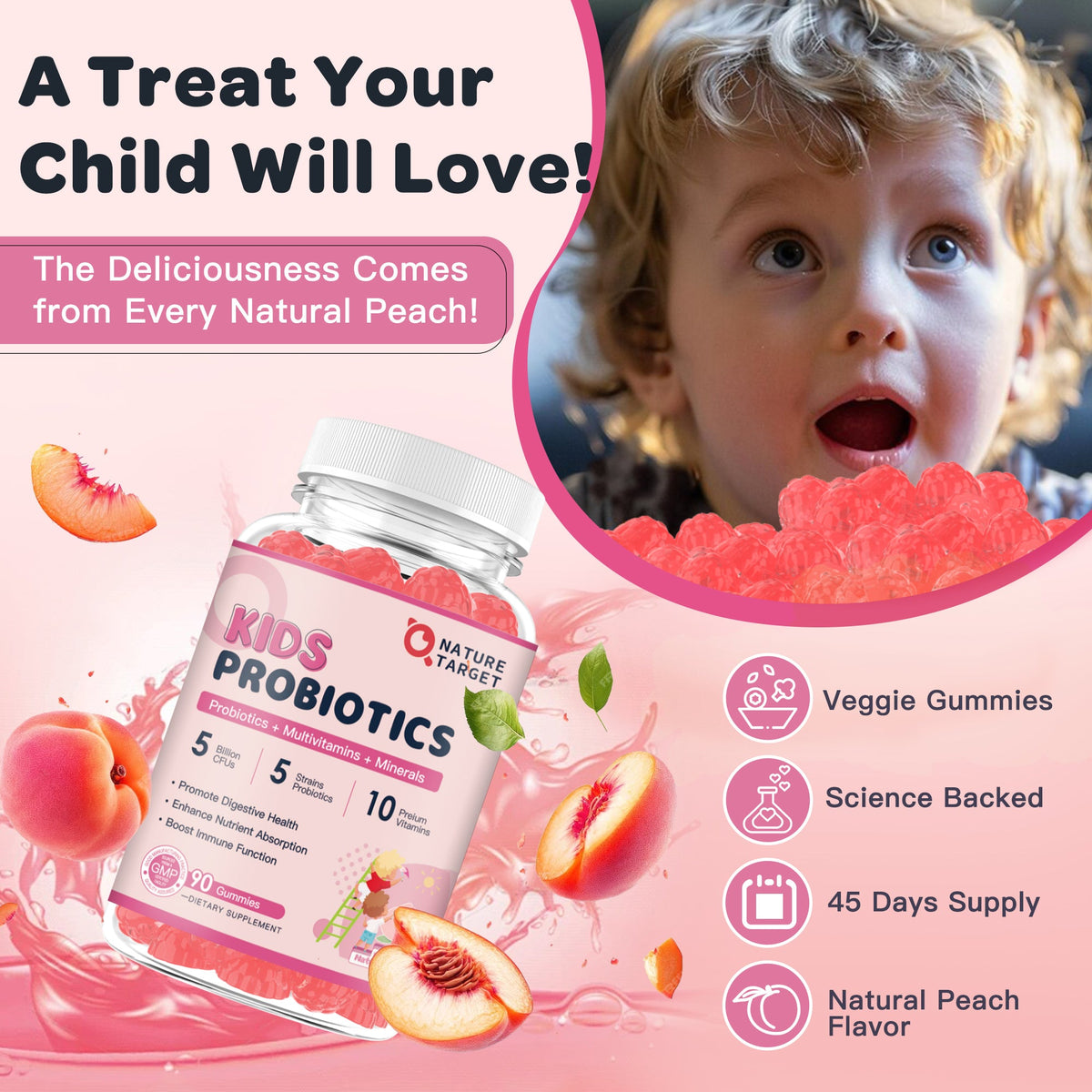 Kids Probiotics 5 Billion CFUs, 5 Strains with 12 Vitamins & Minerals, Peach, 90 Gummies