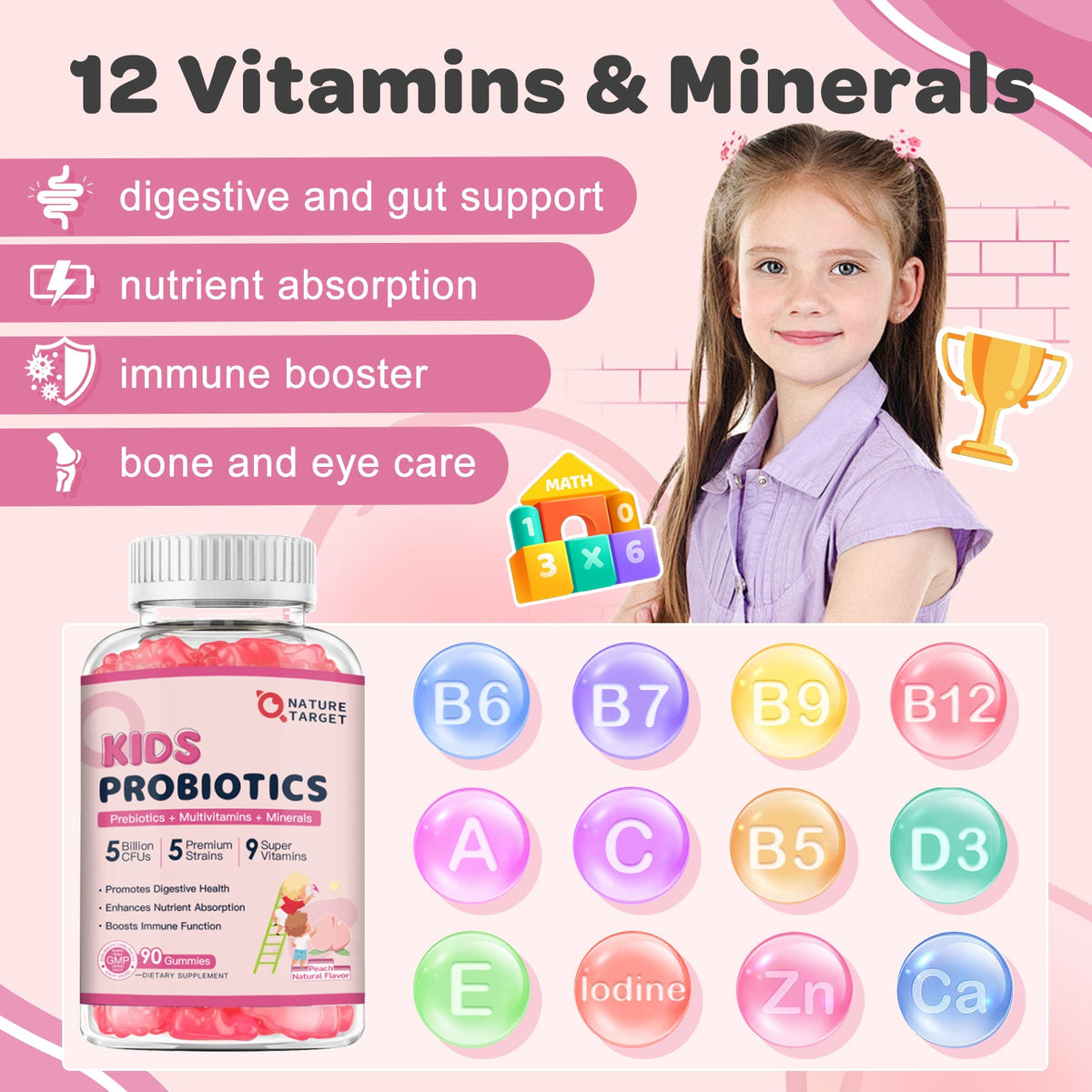 Kids Probiotics 5 Billion CFUs, 5 Strains with 12 Vitamins & Minerals, Peach, 90 Gummies