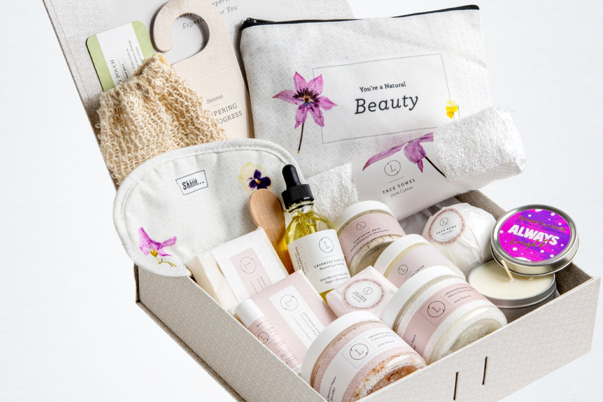 Regalo para un día especial, cesta de regalo de cumpleaños, baño y cuerpo natural de lavanda