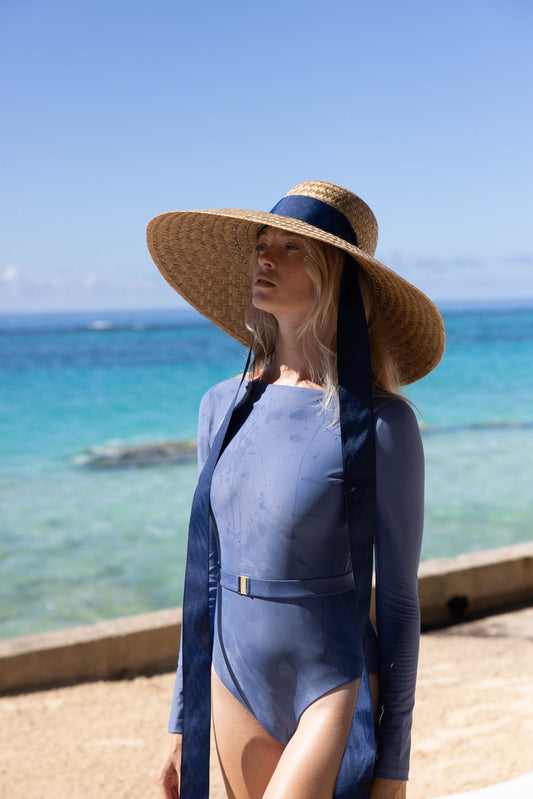 Sombrero para el sol con geranio - Cinta de grogrén oliva larga y fina