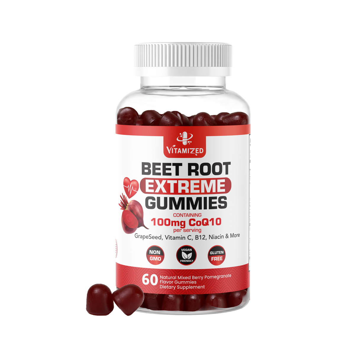 Beet Root Gummies with CoQ10 100mg & Grape Seed Extract, 60 Count