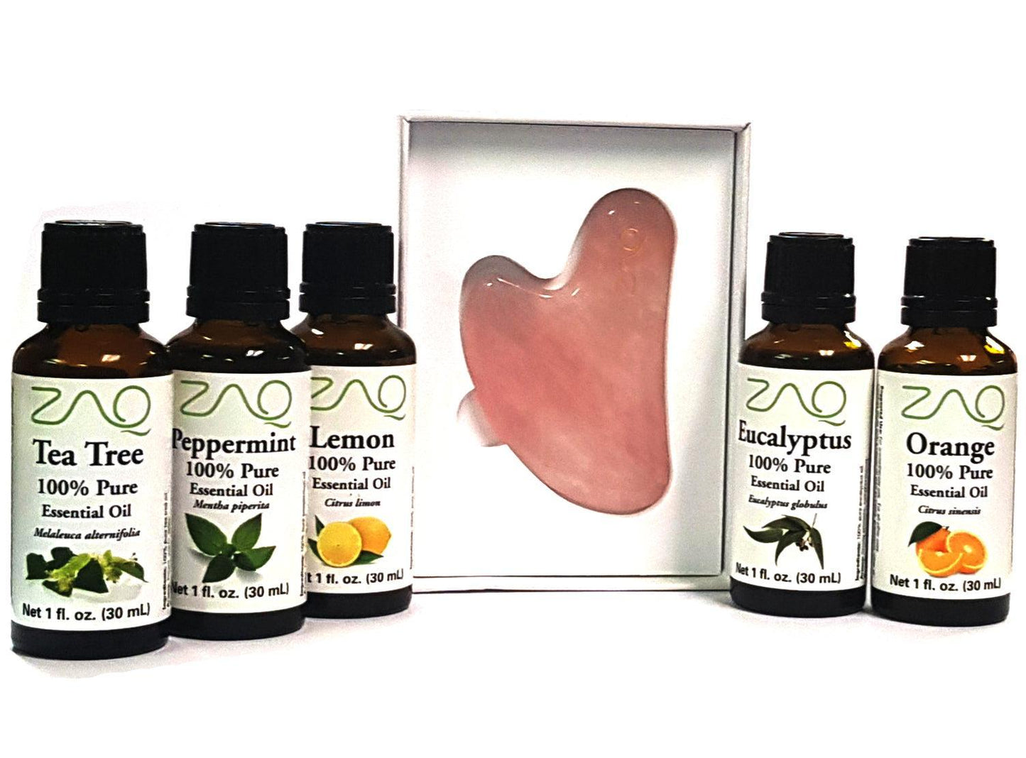 6PC SET - ROSE QUARTZ GUA SHA BOARD + 100 % Pure Essential Oils EUCALYPTUS, ORANGE, TEA TREE, PEPPERMINT, LEMON