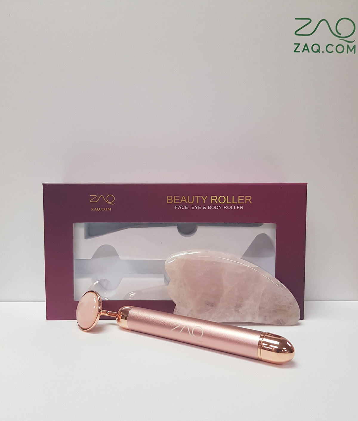 Rodillo facial masajeador vibratorio MOON Roll-On de cuarzo rosa W-Sonic + set Gua Sha