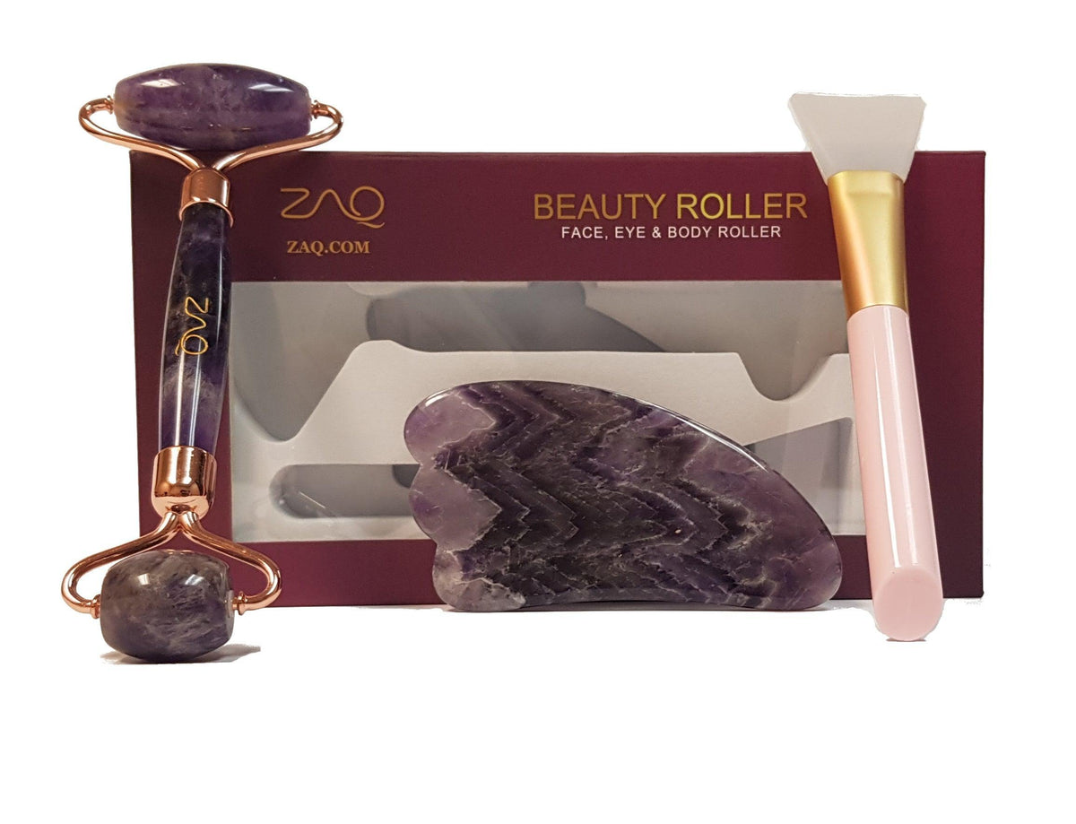Rodillo facial de amatista, Gua Sha y juego de brochas
