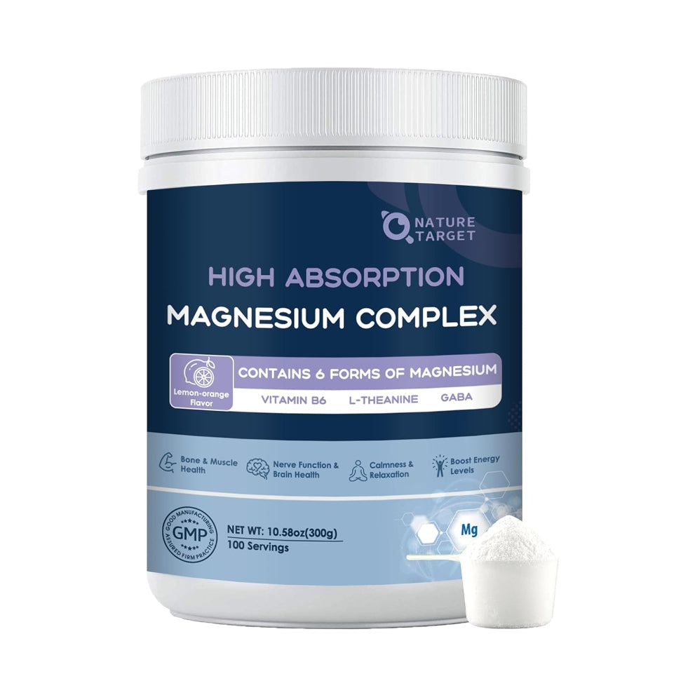 Magnesium Complex Powder 210mg, 6 Forms with L-Theanine, GABA & B6, Lemon-Orange, 100 Servings