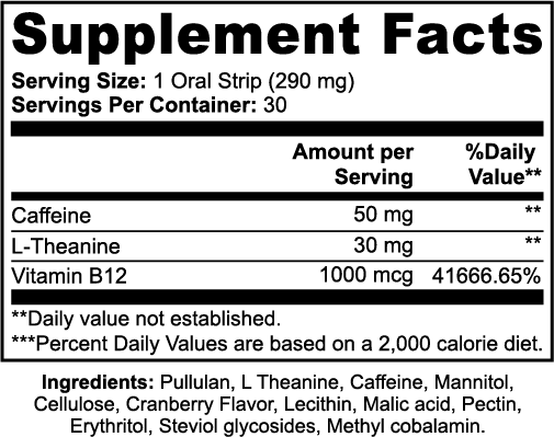 Zevita Energy Strips | Caffeine, L-Theanine & B12 | Quick-Dissolve Oral Strips for Energy & Focus | 30 Strips