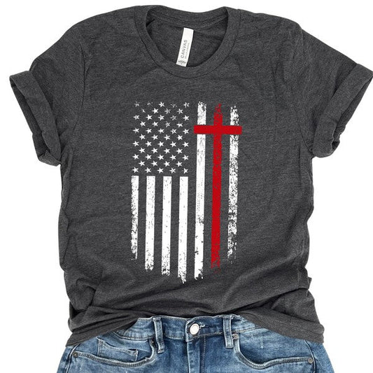American Flag Red Stripe Cross Distressed T-shirt