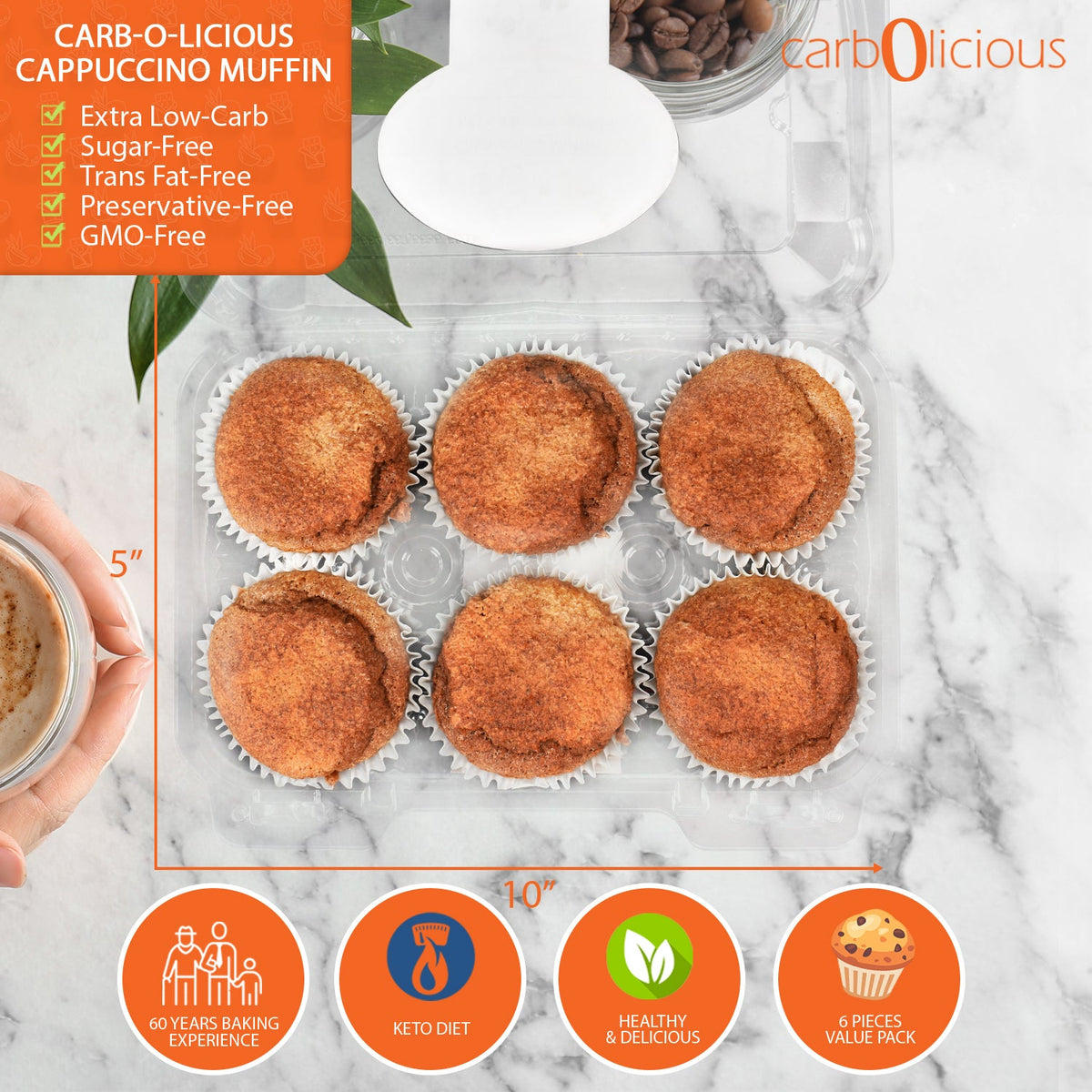 Carbolicious Cappuccino Muffin Low-Carb Sugar Free Keto Friendly 6 Pack 2g Net Carbs.