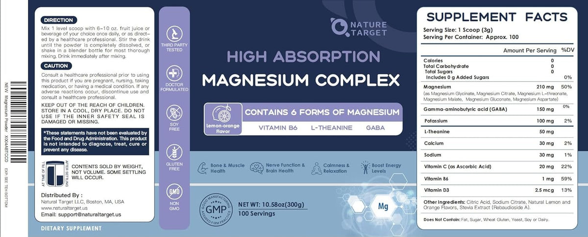 Magnesium Complex Powder 210mg, 6 Forms with L-Theanine, GABA & B6, Lemon-Orange, 100 Servings