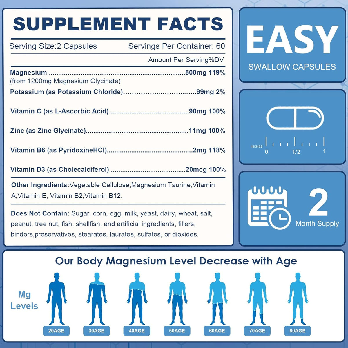 Magnesium Glycinate 500mg with Zinc 11mg, Vitamin D3 20mcg, C & B6, Vcaps, 120ct