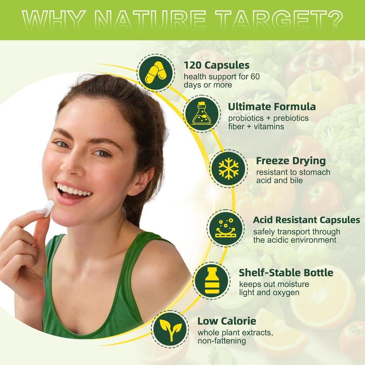Probiotics 60 Billion CFUs, 8 Strains with Prebiotic Fiber 1g, Vitamin C & B12, Vcaps, 120ct