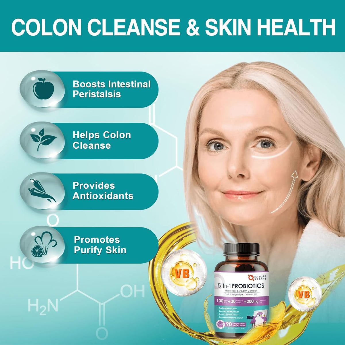 5-in-1 Probiotics 100B CFUs, 30 Strains + Prebiotics Fiber 200mg + Colon Cleanse Complex + Fruit & Vegetable Complex + Vitamin B, 90 Vcaps