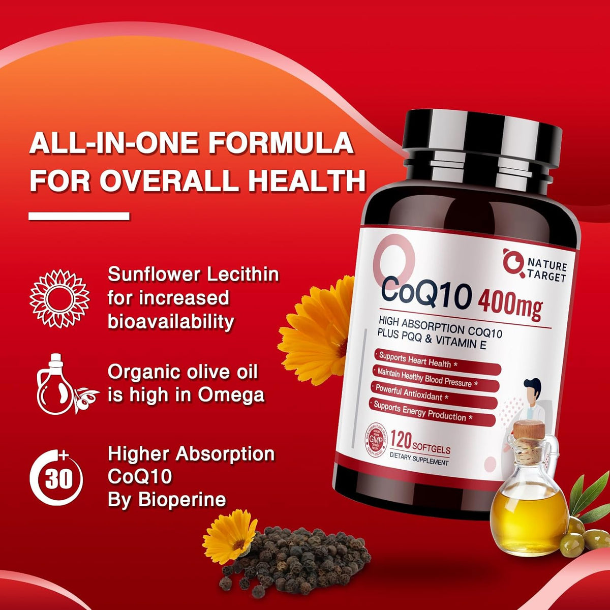 CoQ10 400mg with PQQ 20mg, Vitamin E 30mg & Black Pepper 95% Piperine, Softgels, 120ct