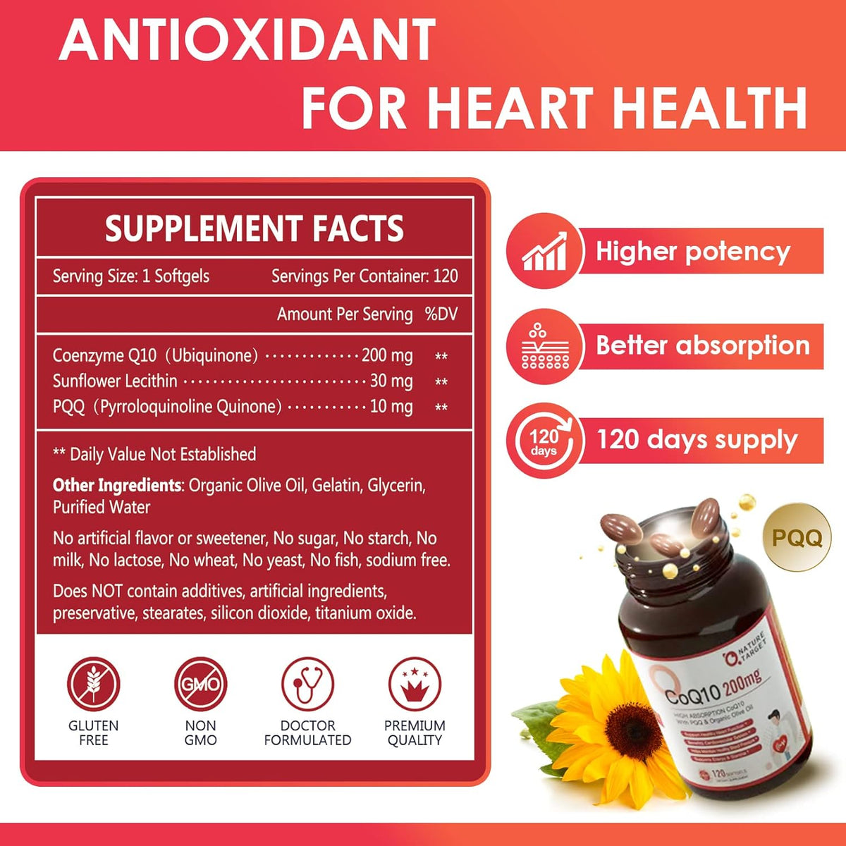 CoQ10 200mg with PQQ 10mg, Sunflower Lecithin & Organic Olive Oil, Softgels, 120ct