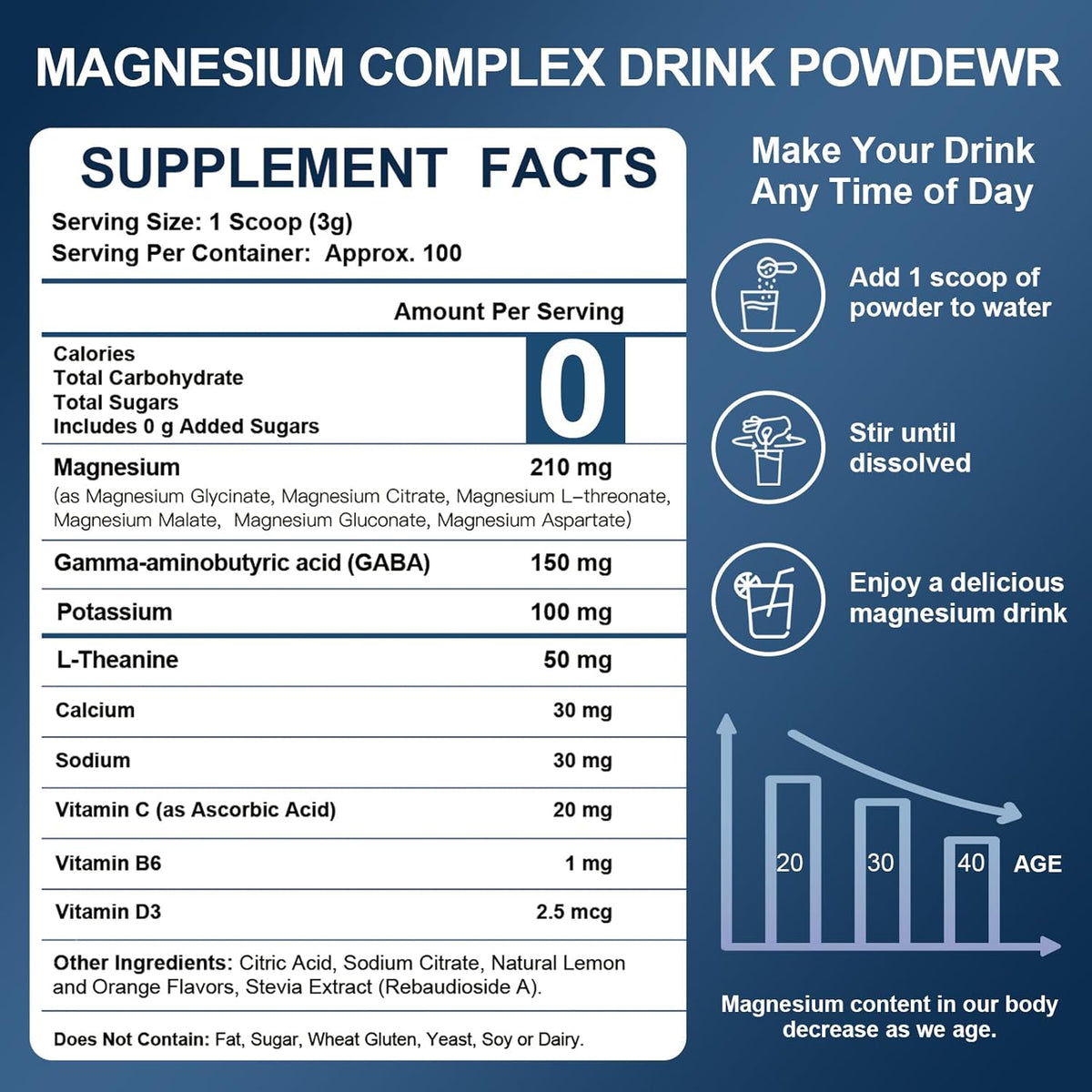 Magnesium Complex Powder 210mg, 6 Forms with L-Theanine, GABA & B6, Lemon-Orange, 100 Servings