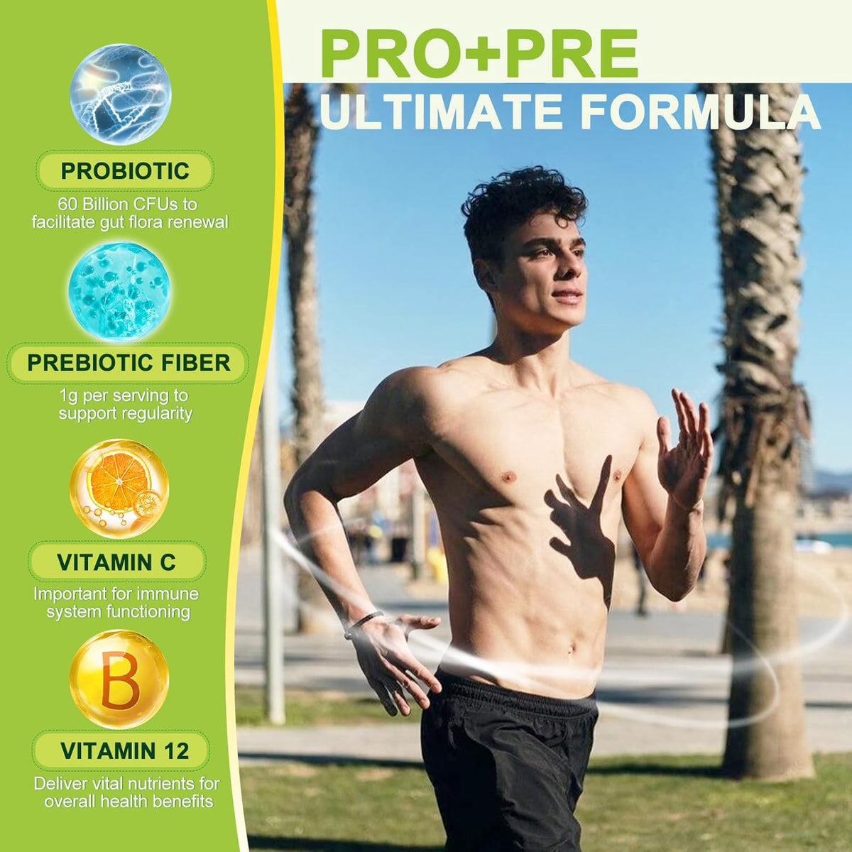 Probiotics 60 Billion CFUs, 8 Strains with Prebiotic Fiber 1g, Vitamin C & B12, Vcaps, 120ct