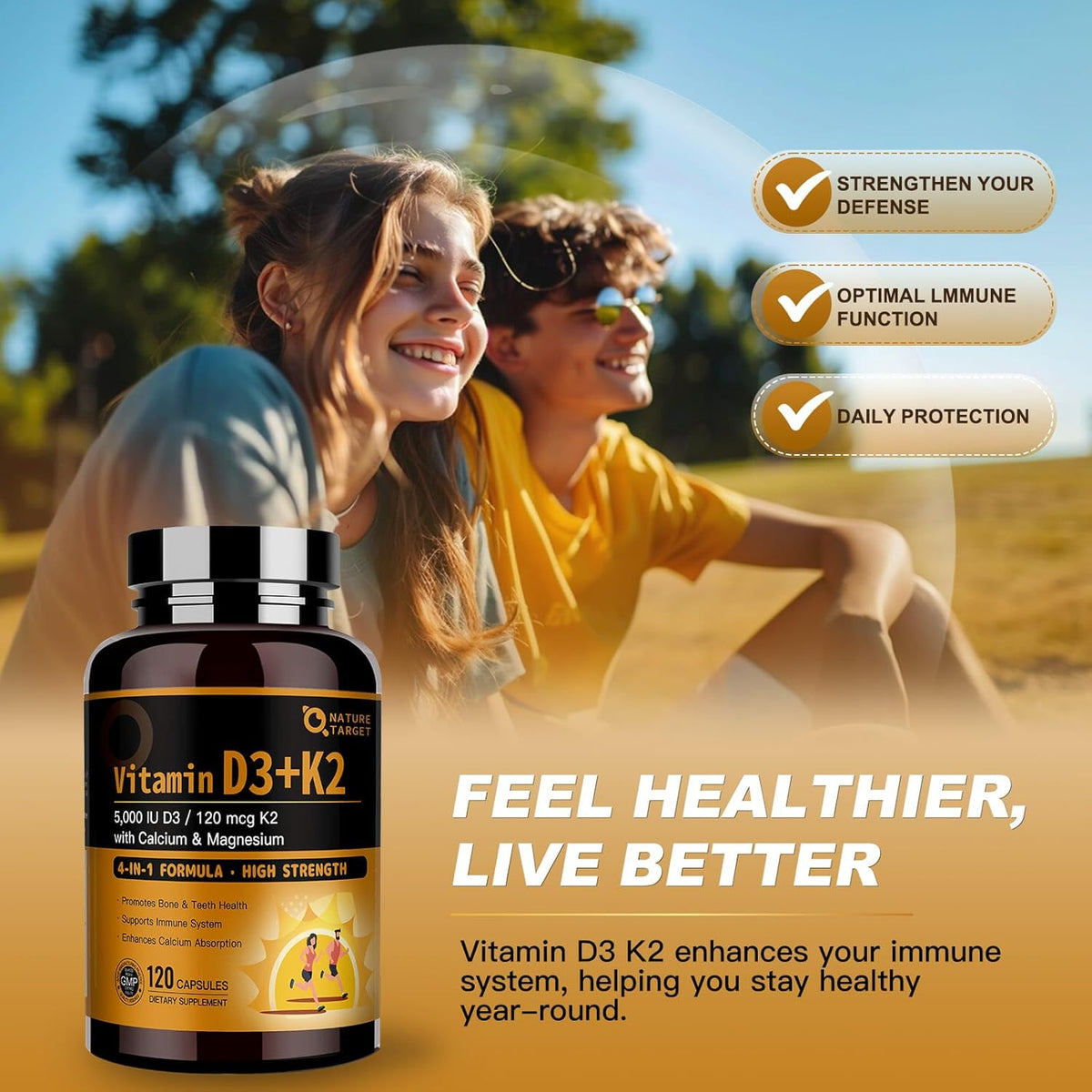Vitamin D3 5000IU + K2 120mcg (MK-7) with Calcium & Magnesium, Vcaps, 120ct