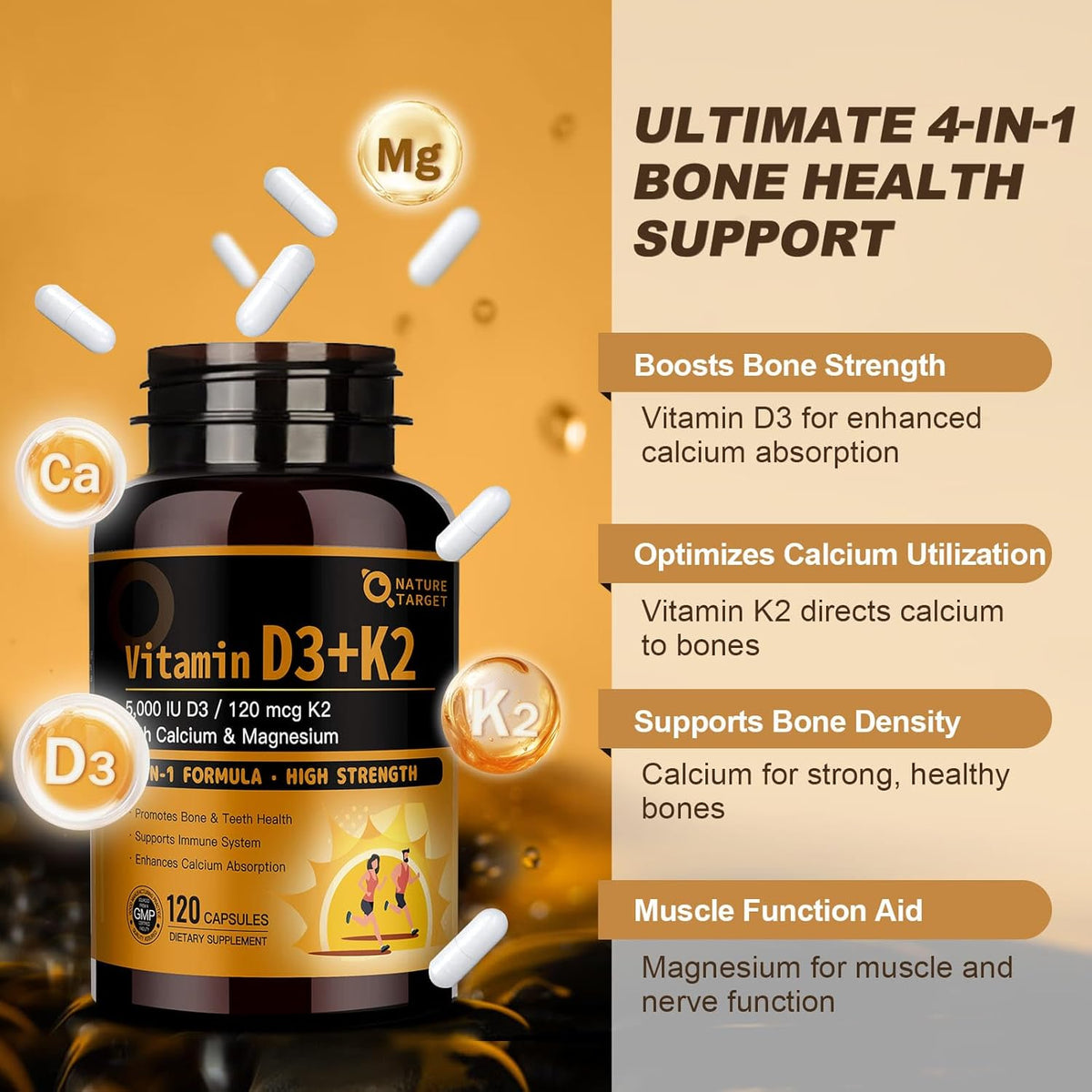 Vitamin D3 5000IU + K2 120mcg (MK-7) with Calcium & Magnesium, Vcaps, 120ct