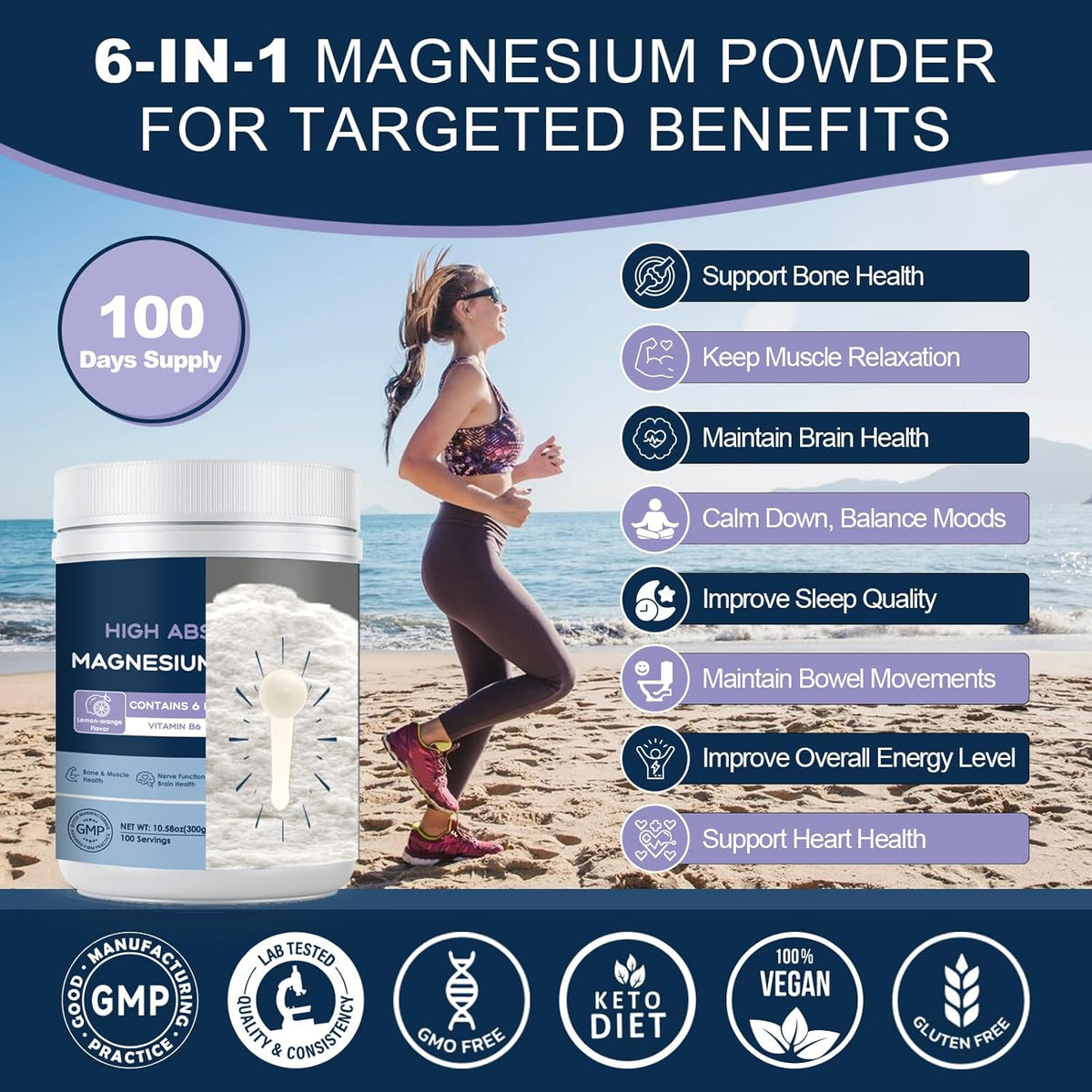 Magnesium Complex Powder 210mg, 6 Forms with L-Theanine, GABA & B6, Lemon-Orange, 100 Servings