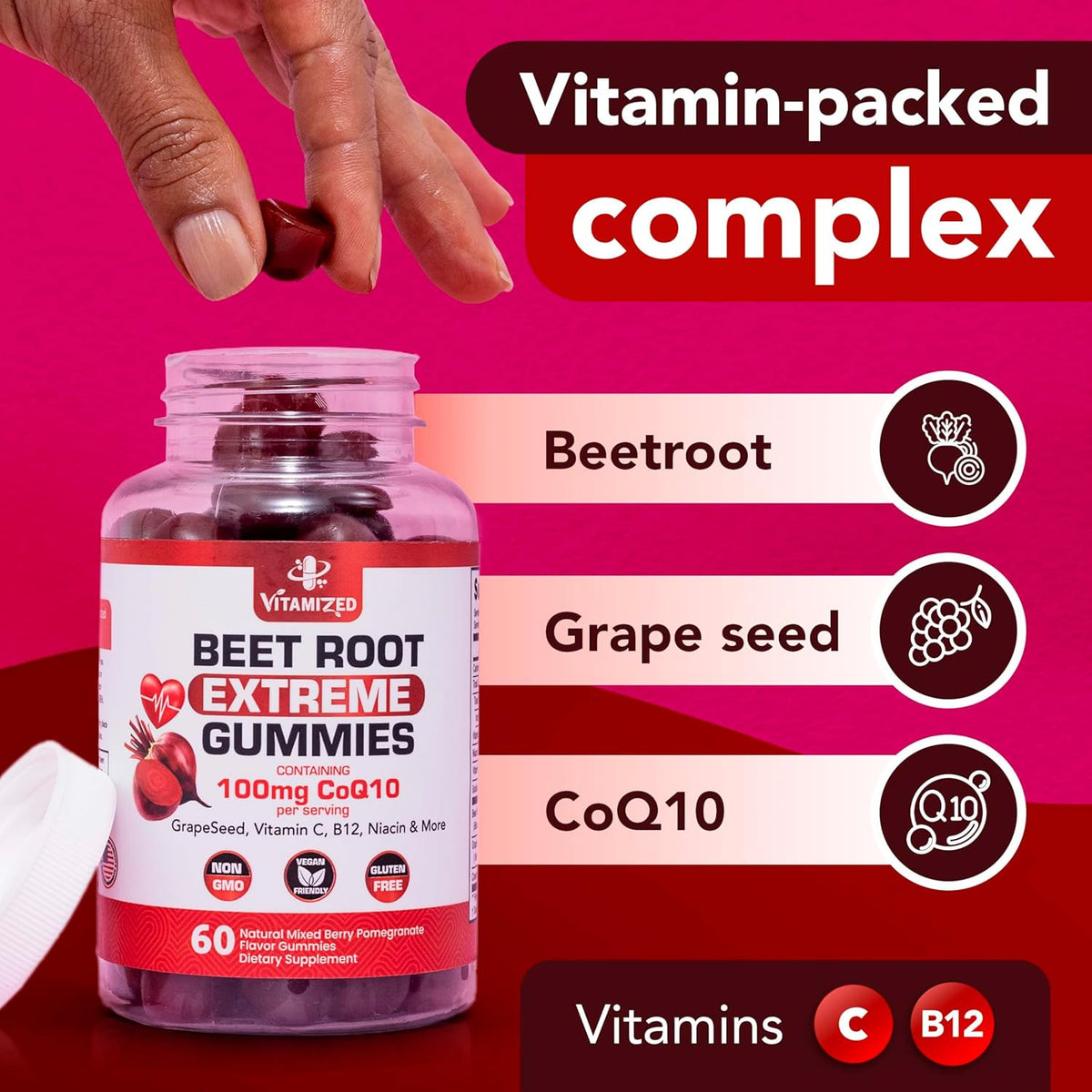 Beet Root Gummies with CoQ10 100mg & Grape Seed Extract, 60 Count
