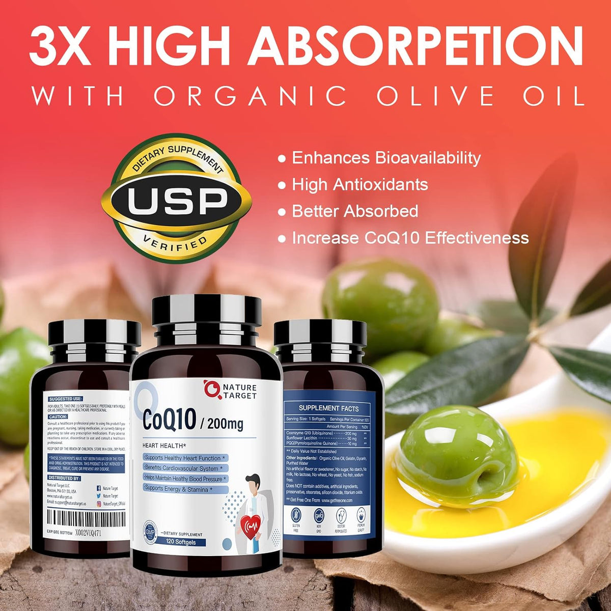 CoQ10 200mg with PQQ 10mg, Sunflower Lecithin & Organic Olive Oil, Softgels, 120ct