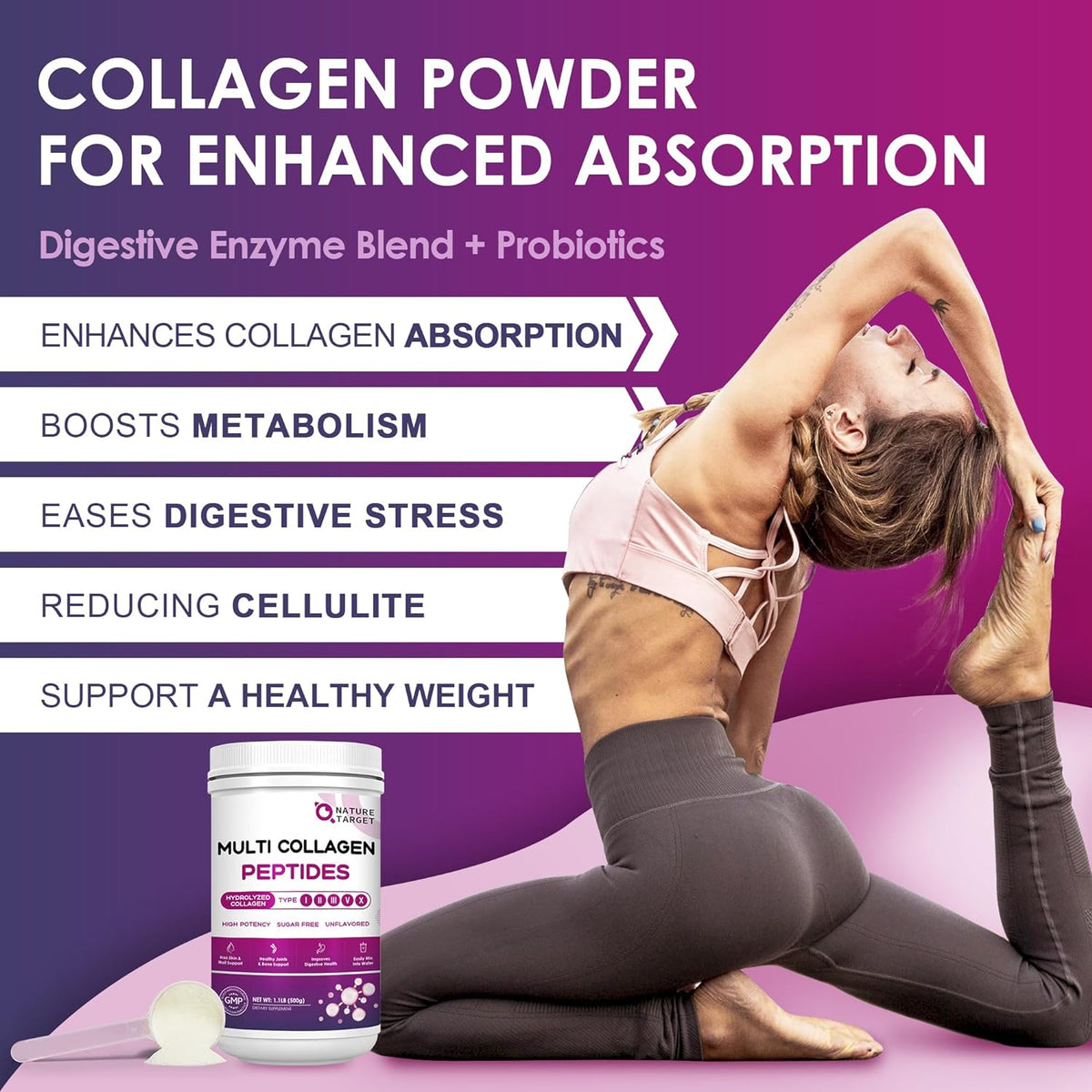 Multi Collagen Peptides 9200mg, Type I II III V X + Hyaluronic Acid 35mg + Vitamin C 70mg, Unflavored, 50 Servings