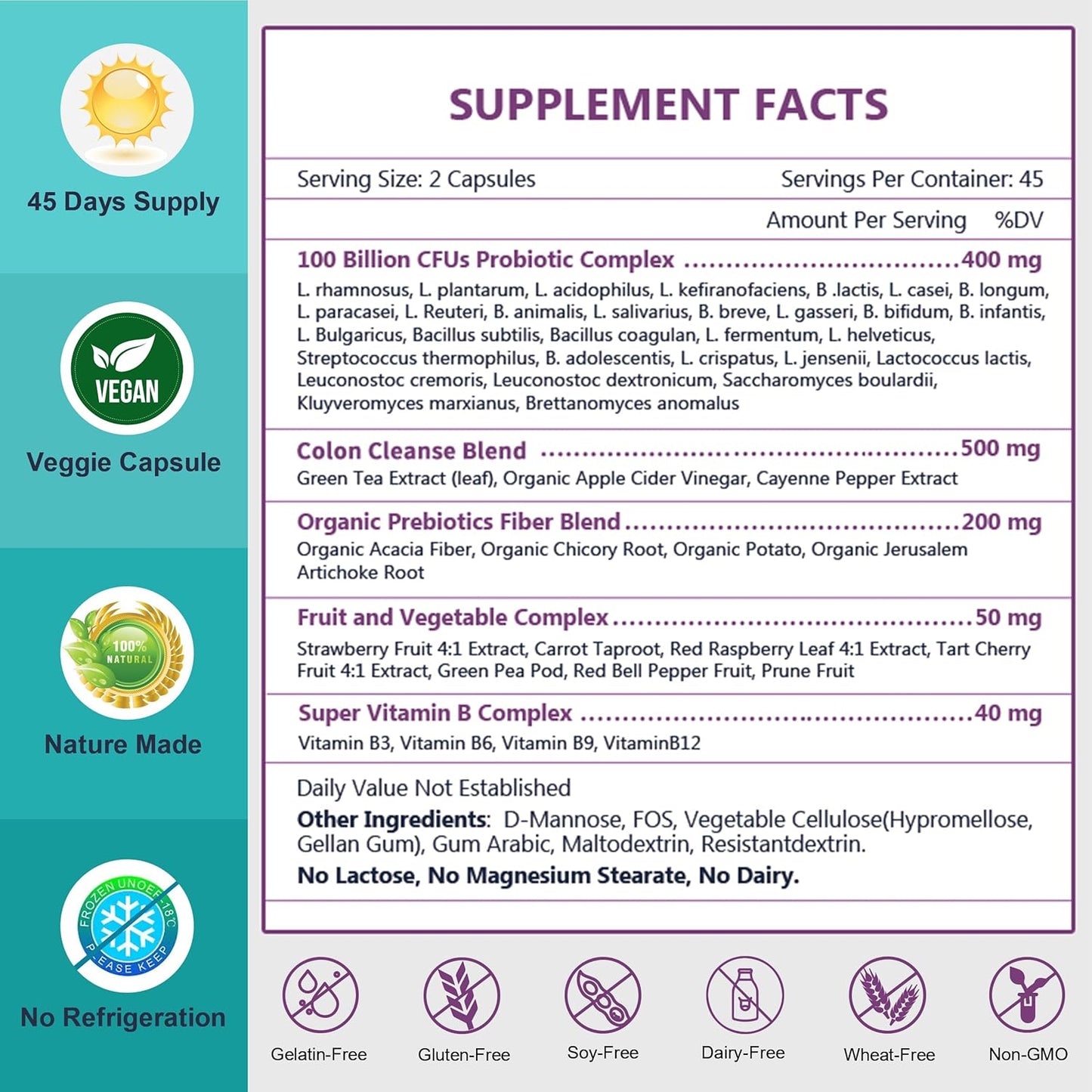 5-in-1 Digestive Health Probiotics, 100 Billion CFUs, 200mg, 90 Veggie Capsules