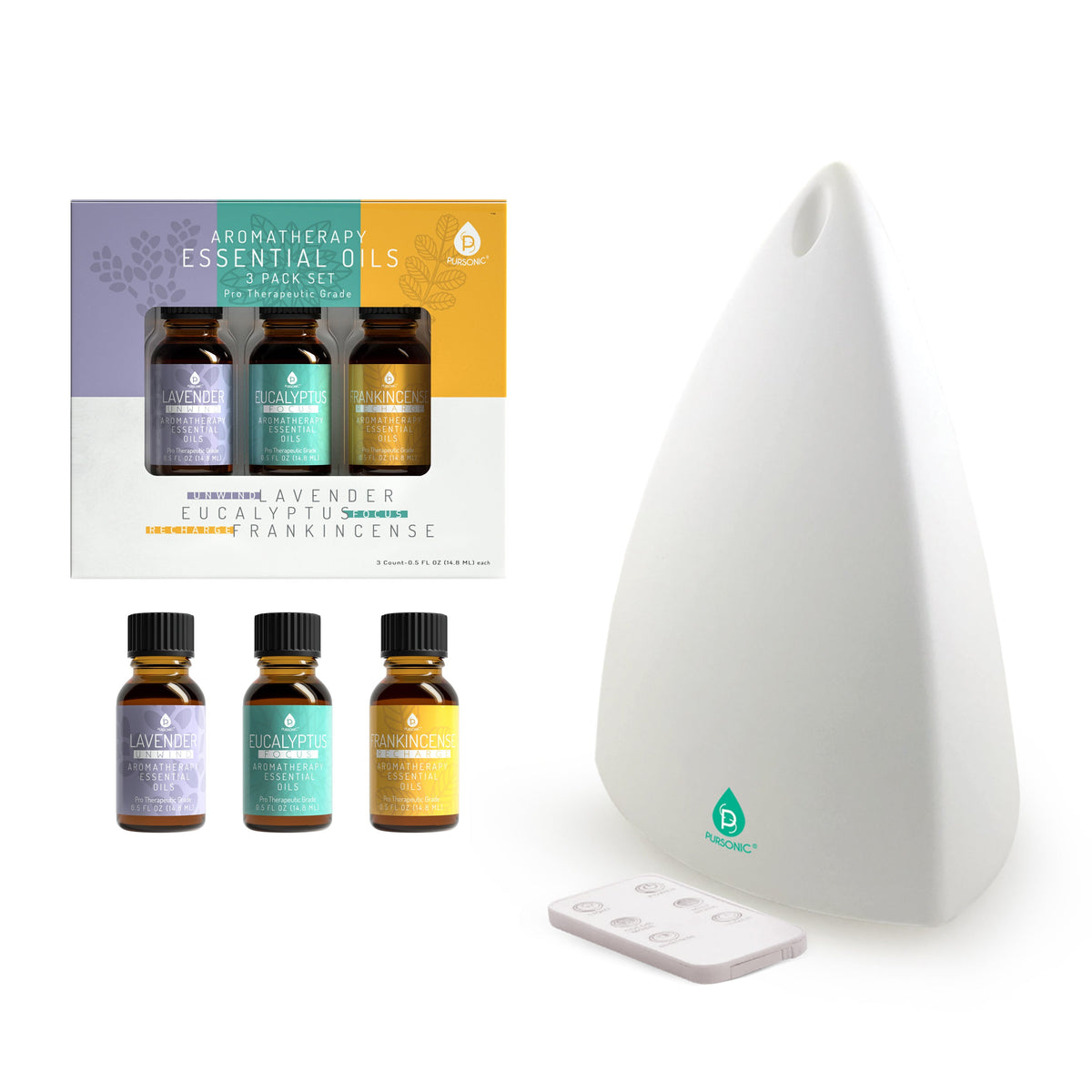 Difusor de aromaterapia Pursonic y set de aceites esenciales - Ultrasónico Top 3 Oils