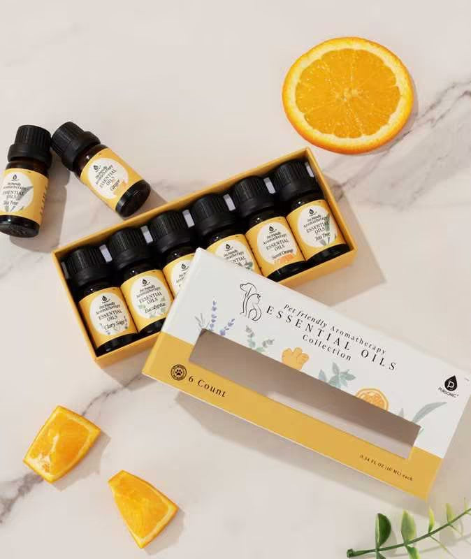 Collection d'huiles essentielles d'aromathérapie pour animaux de compagnie - Cèdre, Camomille, Encens, Gingembre, Lavande et Romarin