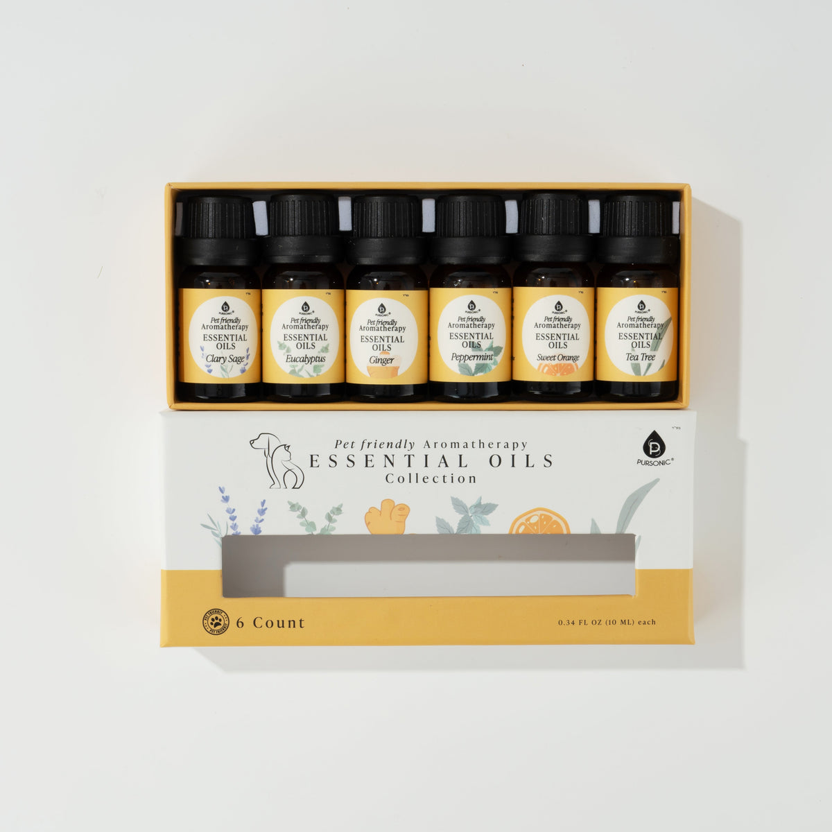 Collection d'huiles essentielles d'aromathérapie pour animaux de compagnie - Cèdre, Camomille, Encens, Gingembre, Lavande et Romarin