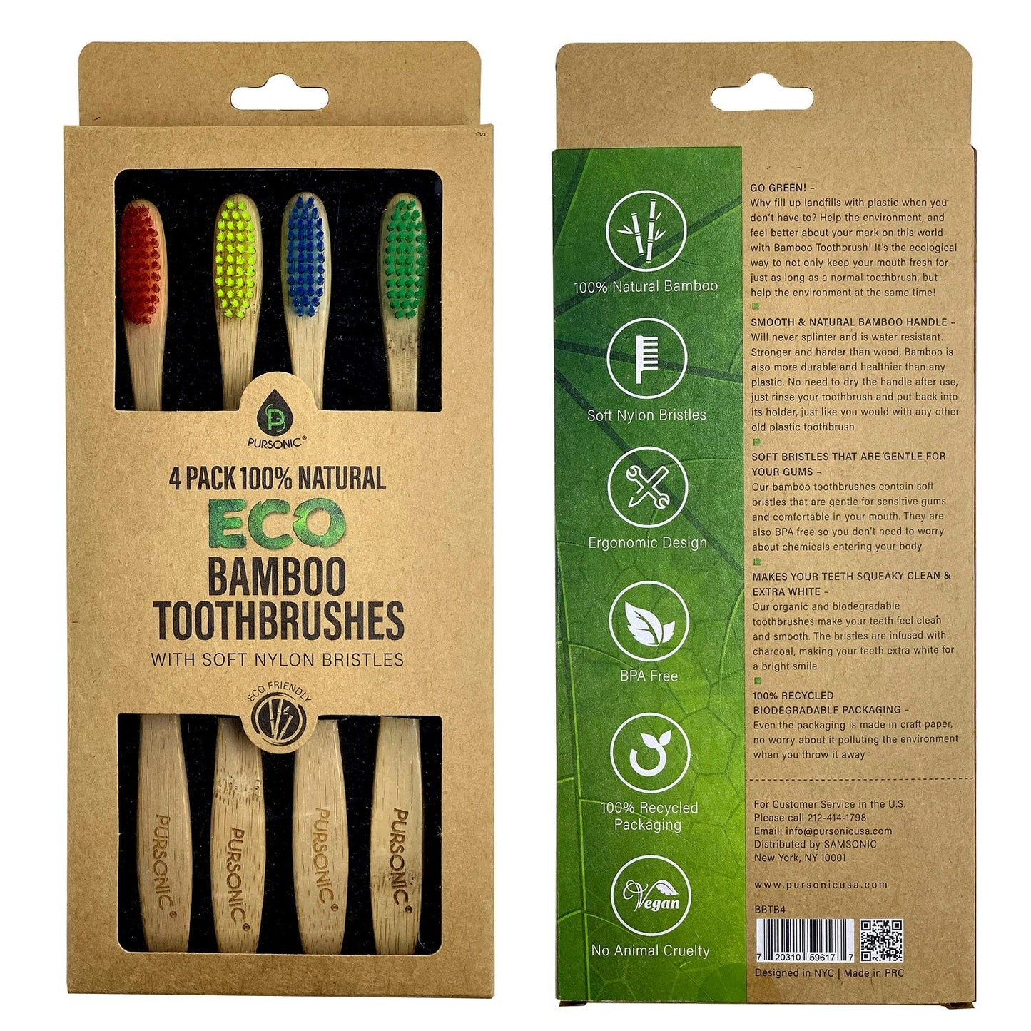 Cepillos de dientes de bambú ecológico 100 % natural (paquete de 4)