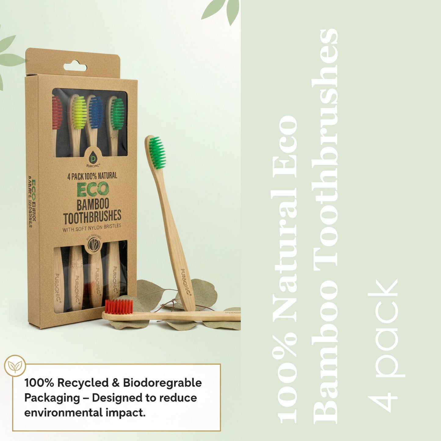 Cepillos de dientes de bambú ecológico 100 % natural (paquete de 4)