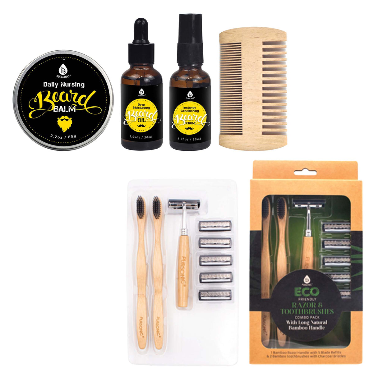Kit de cuidado de barba Pursonic, maquinilla de afeitar ecológica y cepillos de dientes