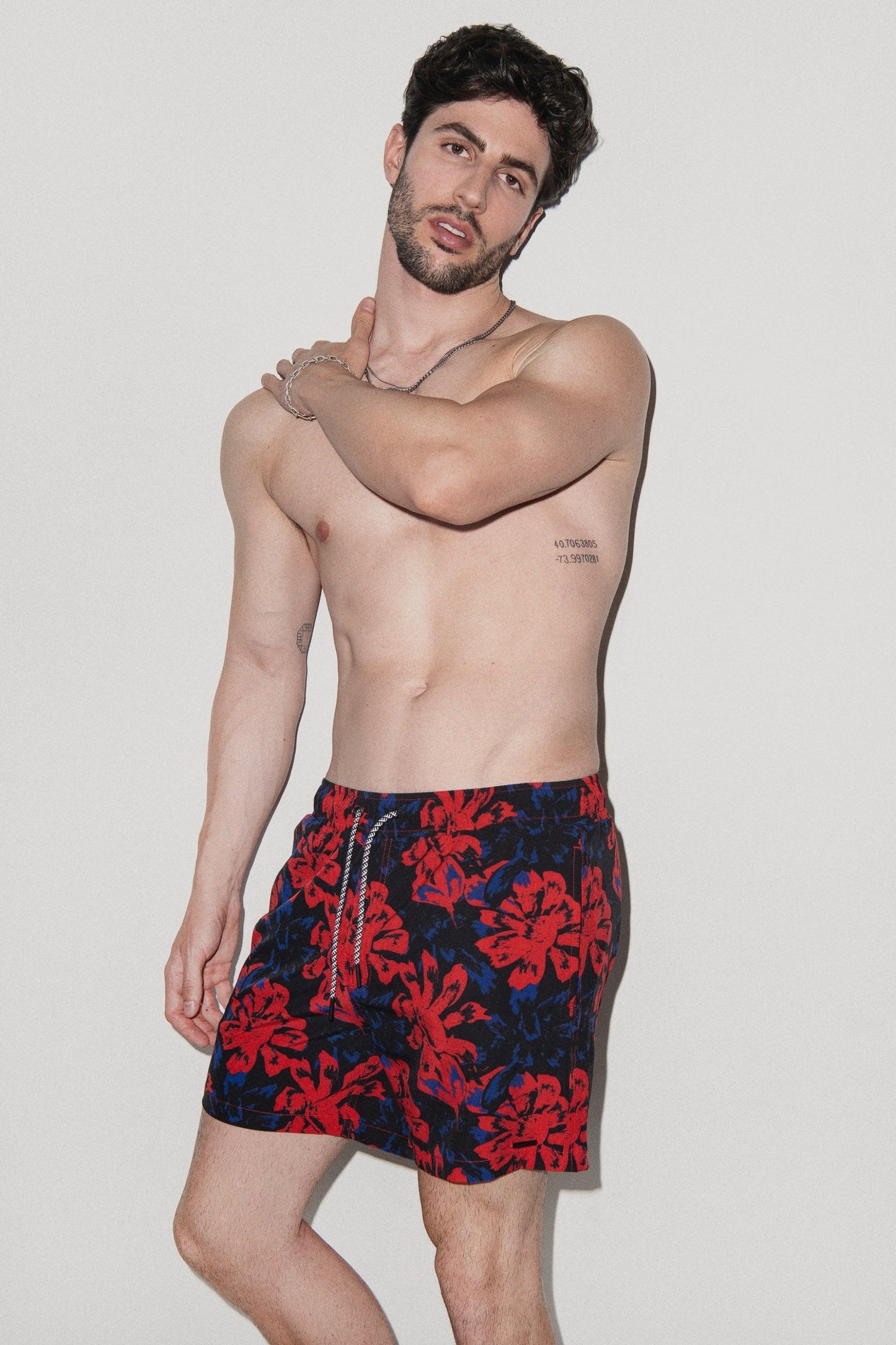 Tulum Volley Swim Trunk Red Vintage Floral