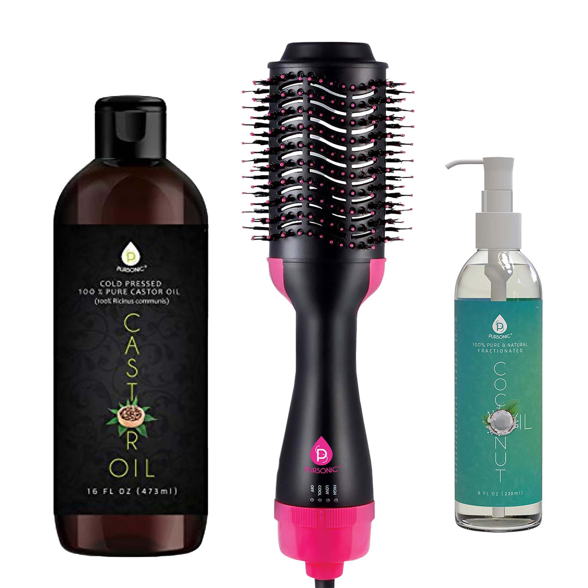 Paquete para fortalecer el cabello: aceite de coco fraccionado Pursonic, secador y cepillo voluminizador de un solo paso, y aceite de ricino prensado en frío.