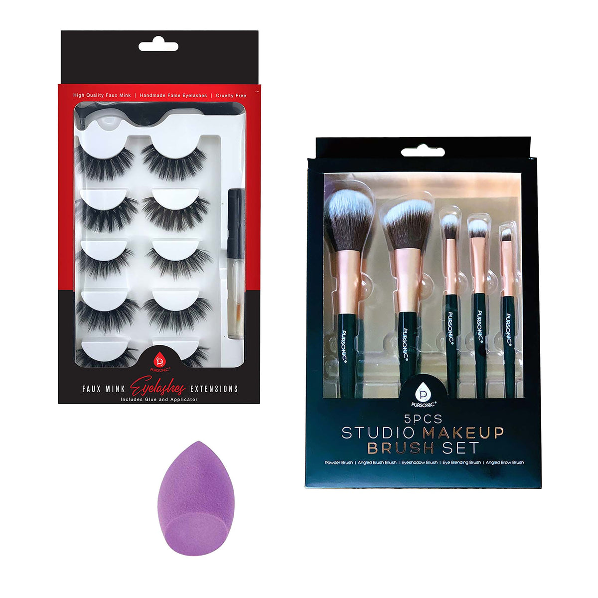 Paquete Pursonic Glam Essentials: Pestañas postizas de visón sintético 3D, esponja de maquillaje y juego de brochas