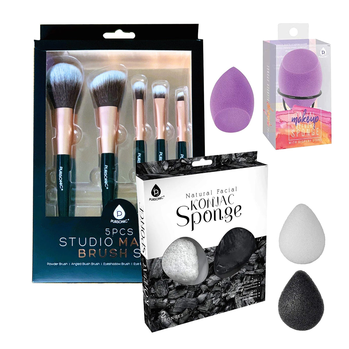 Paquete de artículos esenciales de belleza: Esponja para difuminar maquillaje facial + Esponja Konjac facial natural (paquete de 3) + Juego de 5 brochas de maquillaje de estudio (negras)