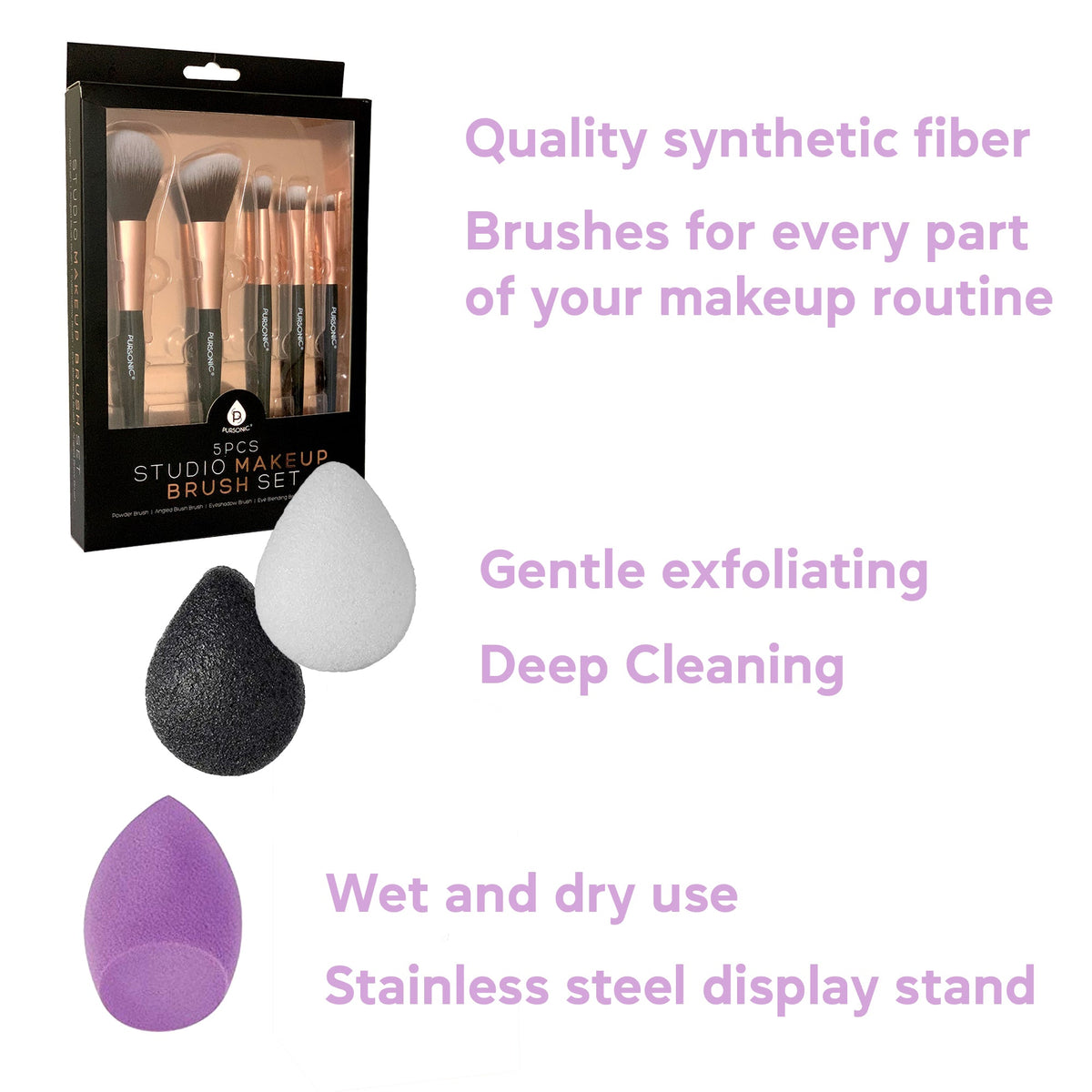 Paquete de artículos esenciales de belleza: Esponja para difuminar maquillaje facial + Esponja Konjac facial natural (paquete de 3) + Juego de 5 brochas de maquillaje de estudio (negras)