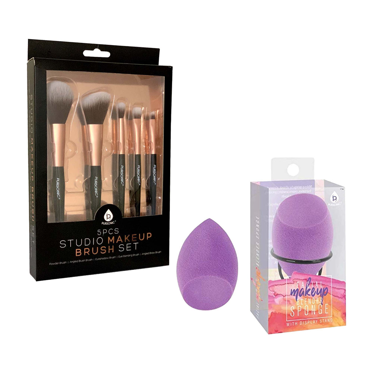Pursonic Complete Makeup Application Kit - 5-Piece Studio Makeup Brush Set & Facial Makeup Blender Sponge with Stand