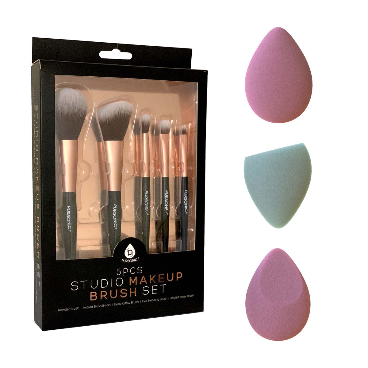 Set de 5 brochas de maquillaje de estudio y 3 esponjas de maquillaje: esenciales para una aplicación impecable.