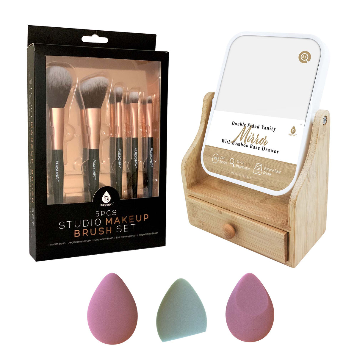 Set de productos esenciales de belleza Pursonic: brochas de maquillaje de estudio, esponjas multiforma y espejo de tocador de doble cara con base de bambú.