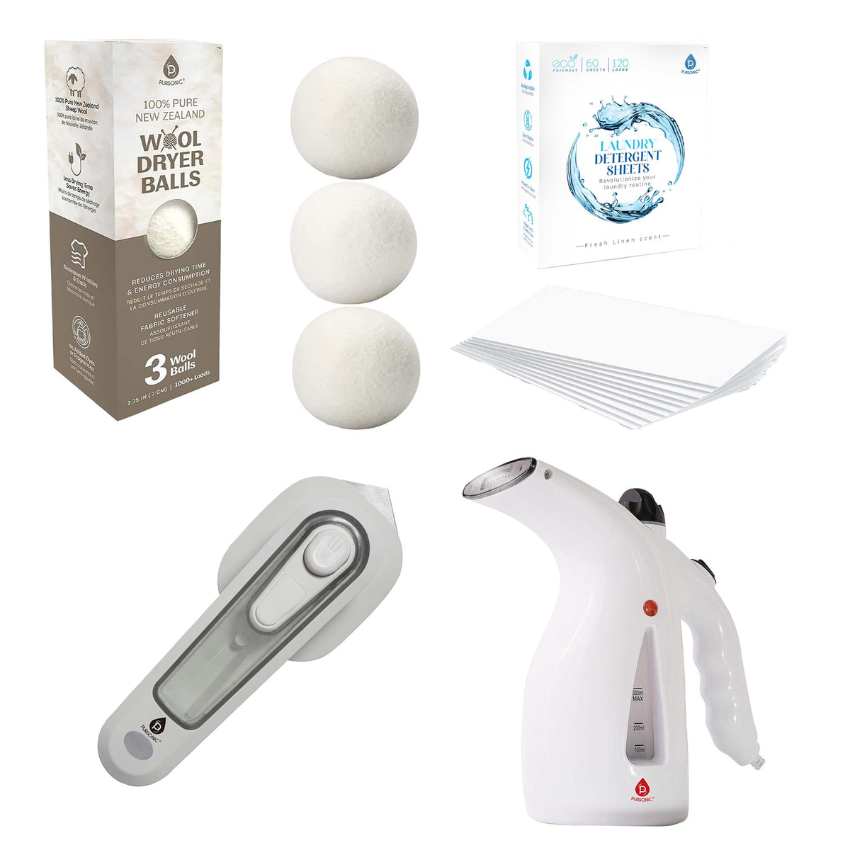 Set de artículos esenciales para la colada de viaje: vaporizador de ropa, miniplancha, toallitas ecológicas para la colada y bolas de lana para la secadora.