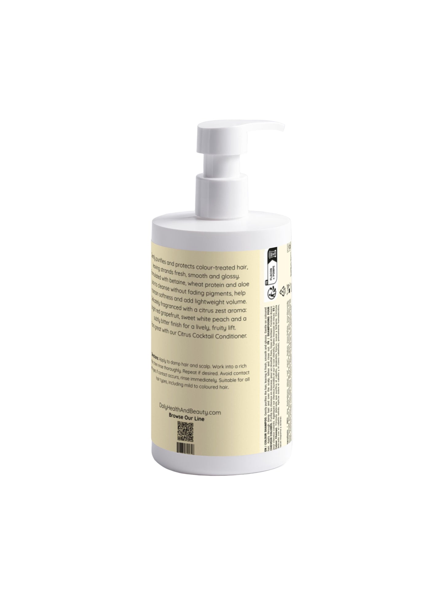 White bottle with a label on a light gray background