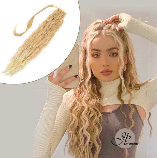 JBEXTENSION Long Corn Wave Ponytail Extension Magic Paste Heat Resistant Wavy Synthetic Wrap Around Ponytail Black Hairpiece for Women (22 Inch)