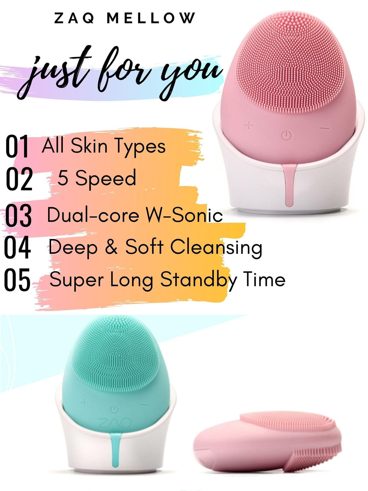 Cepillo limpiador facial de silicona Mellow W-SONIC