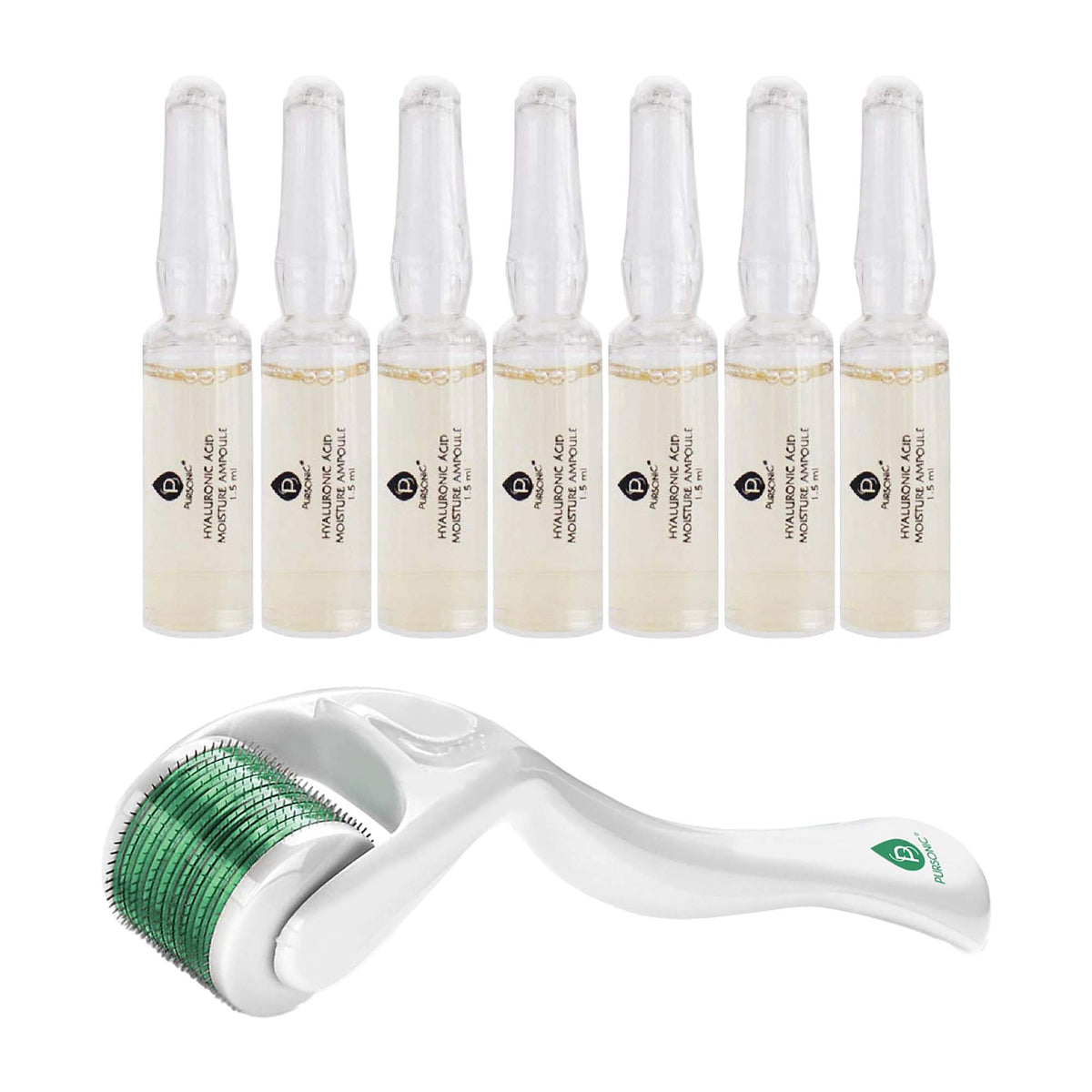Paquete Pursonic para la renovación de la piel: rodillo de microagujas y sérum de ácido hialurónico de 7 días